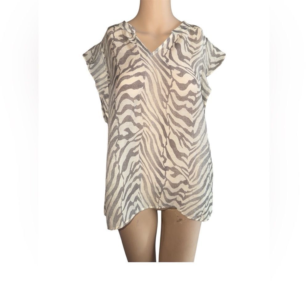 CAbi Gray and White Zebra Print Blouse Ruffled Sleeves
